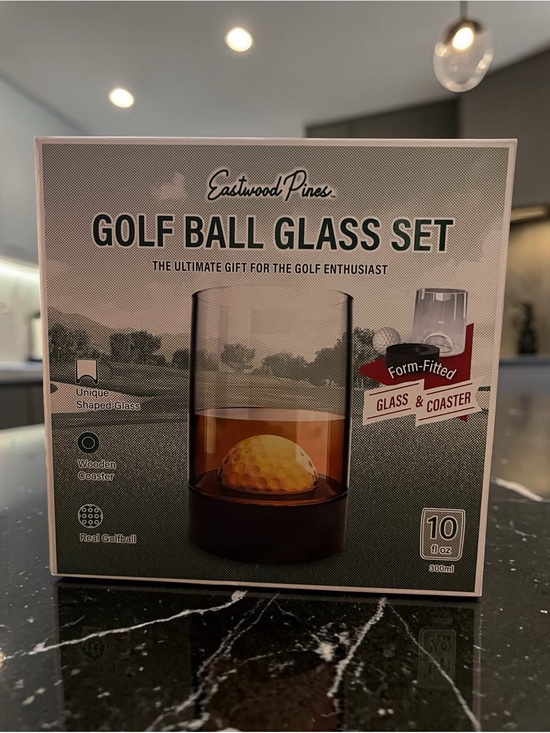 Other - Golf Ball Glass Set with Wooden Coaster - New